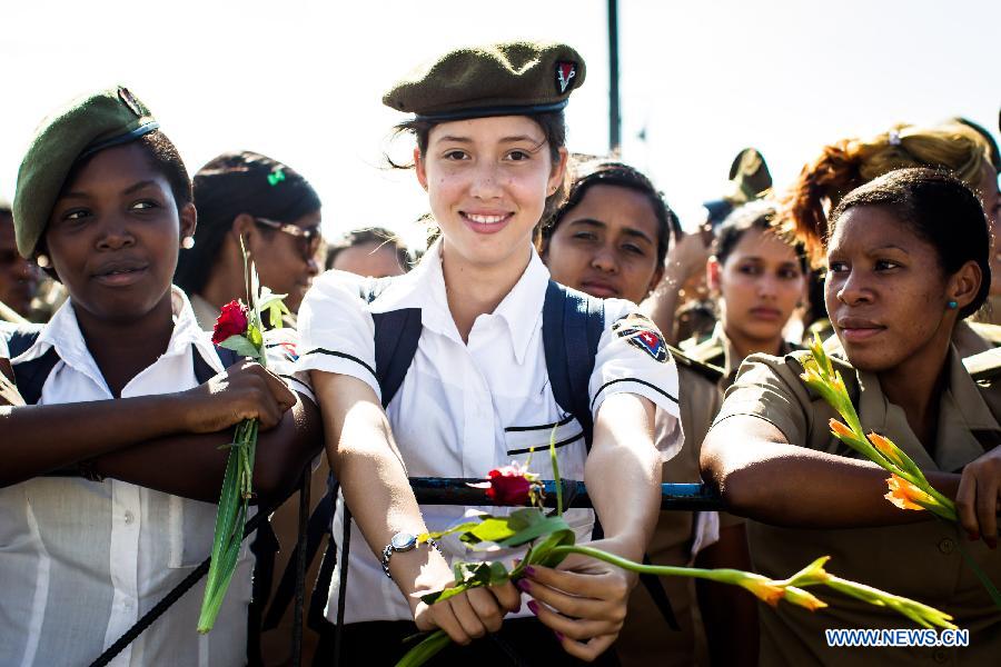 Militay school cadets take part in a ceremny commemorating Camilo Cienfuegos in Havana, capital of Cuba, on Oct. 28, 2014.