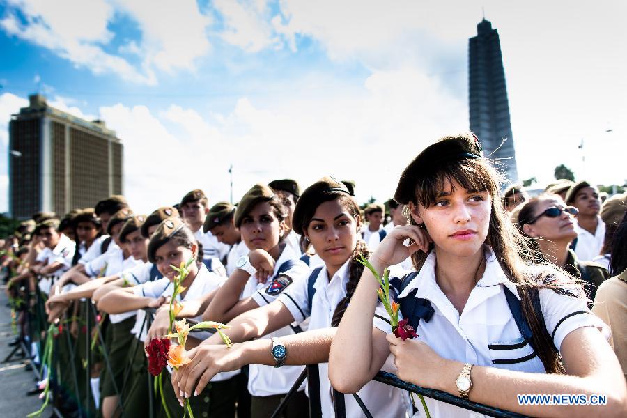 Militay school cadets take part in a ceremny commemorating Camilo Cienfuegos in Havana, capital of Cuba, on Oct. 28, 2014.