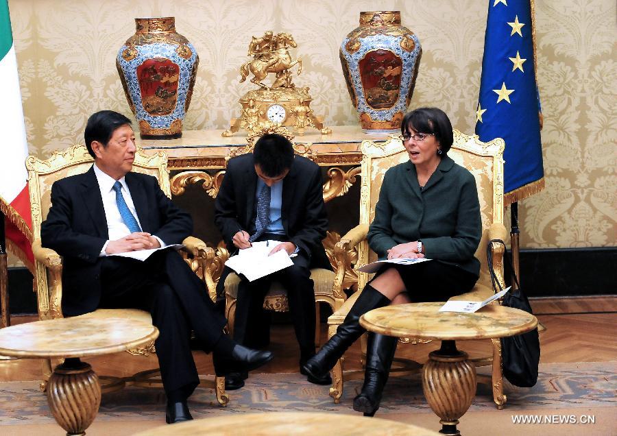 Vice Chairman of the Standing Committee of the National People's Congress of China Zhang Ping (L) meets with Marina Sereni (R), vice president of the Chamber of Deputies of the Italian parliament, in Rome, Italy, Nov. 6, 2014. 