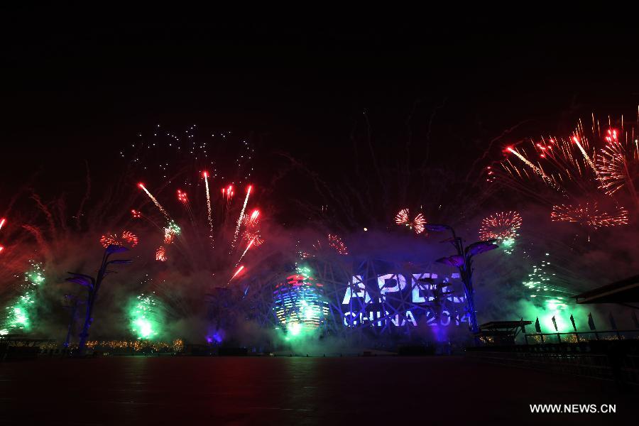 A firework show is staged at Olympic Park in Beijing, capital of China, Nov. 10, 2014. The 22nd Asia-Pacific Economic Cooperation (APEC) Economic Leaders' Meeting takes place in Beijing from Nov. 10 to 11. 