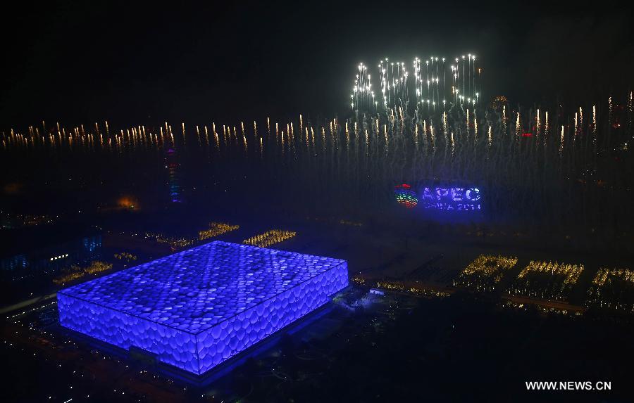 Fireworks explode in the sky over the Olympic Park in Beijing, China, Nov. 10, 2014.
