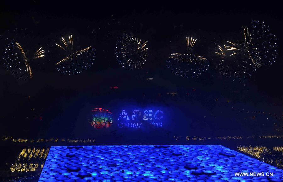 Fireworks explode in the sky over the Olympic Park in Beijing, China, Nov. 10, 2014.