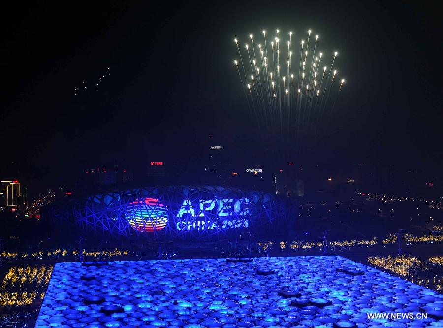 A firework show is staged at Olympic Park in Beijing, capital of China, Nov. 10, 2014. The 22nd Asia-Pacific Economic Cooperation (APEC) Economic Leaders' Meeting takes place in Beijing from Nov. 10 to 11. 