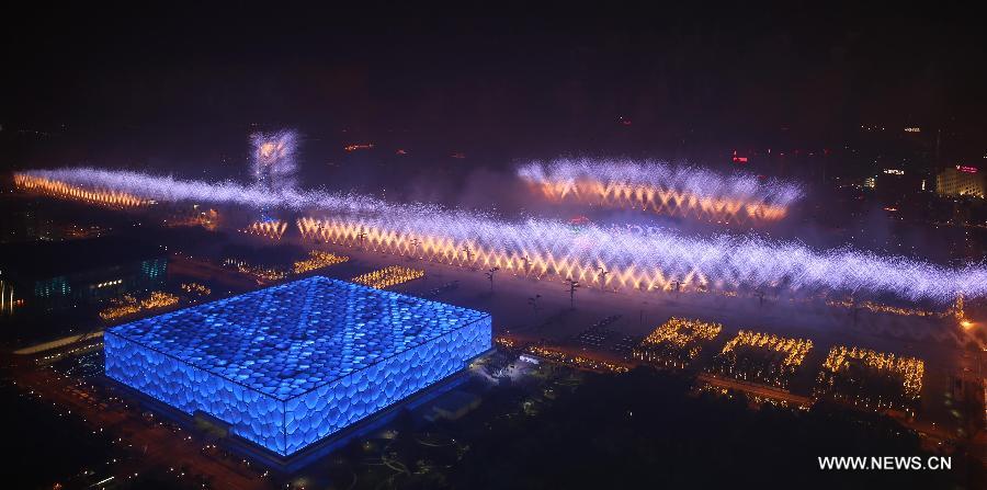 Fireworks explode over the Olympic Park in Beijing, China, Nov. 10, 2014. 