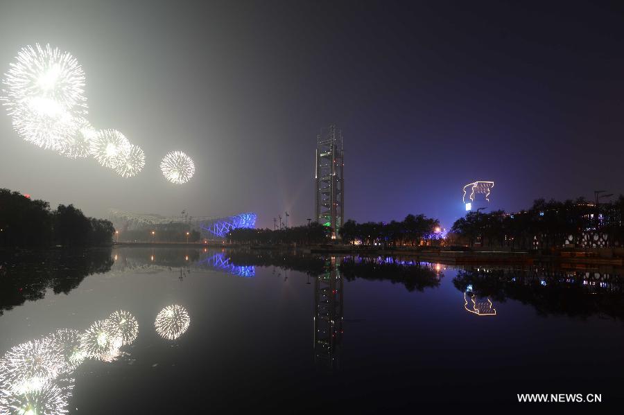 A firework show is staged at Olympic Park in Beijing, capital of China, Nov. 10, 2014. The 22nd Asia-Pacific Economic Cooperation (APEC) Economic Leaders' Meeting takes place in Beijing from Nov. 10 to 11. 