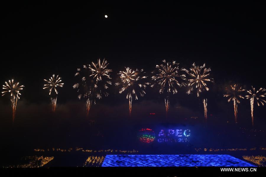 A firework show is staged at Olympic Park in Beijing, capital of China, Nov. 10, 2014. The 22nd Asia-Pacific Economic Cooperation (APEC) Economic Leaders' Meeting takes place in Beijing from Nov. 10 to 11. 