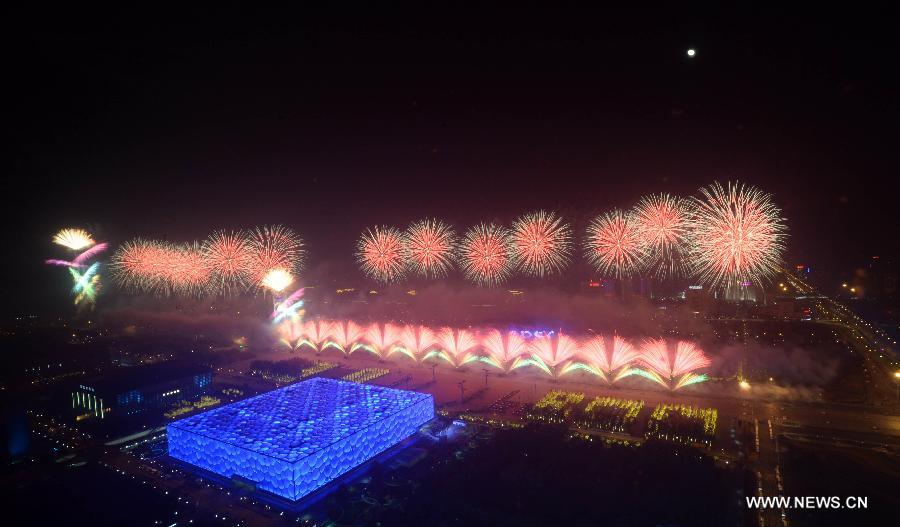 A firework show is staged at Olympic Park in Beijing, capital of China, Nov. 10, 2014. The 22nd Asia-Pacific Economic Cooperation (APEC) Economic Leaders' Meeting takes place in Beijing from Nov. 10 to 11. 