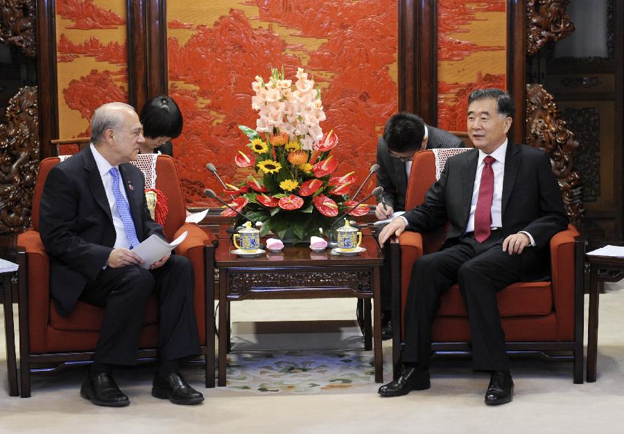 Chinese Vice Premier Wang Yang (R) meets with Angel Gurria, Secretary-General of the Organization for Economic Co-operation and Development (OECD), in Beijing, capital of China, Nov. 11, 2014. (Xinhua/Zhang Duo)