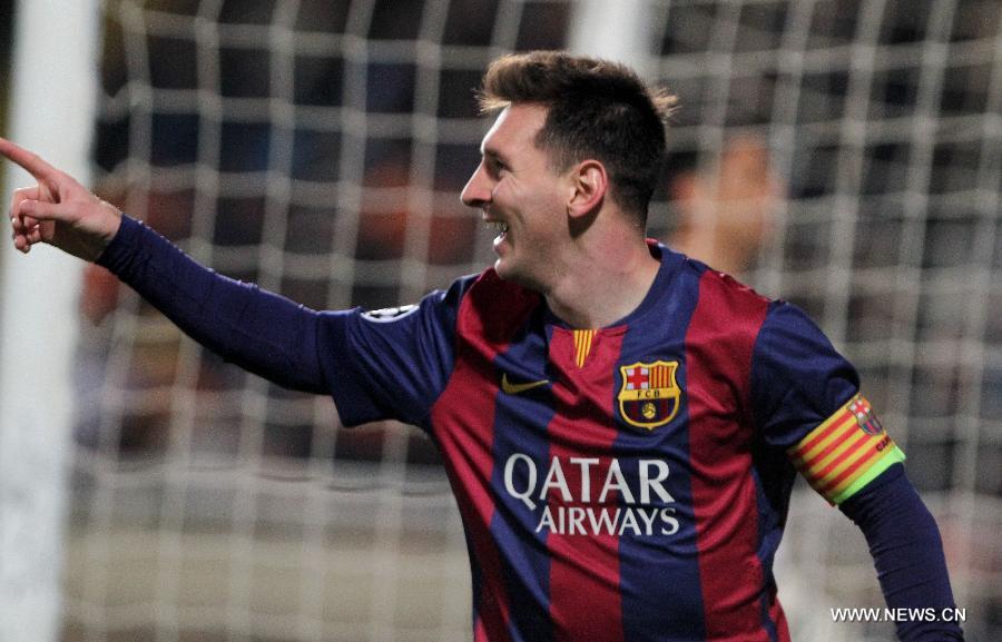 Barcelona player Lionel Messi celebrated after scoring during the match with APOEL in Nicosia, Cyprus, on November 25, 2014. 