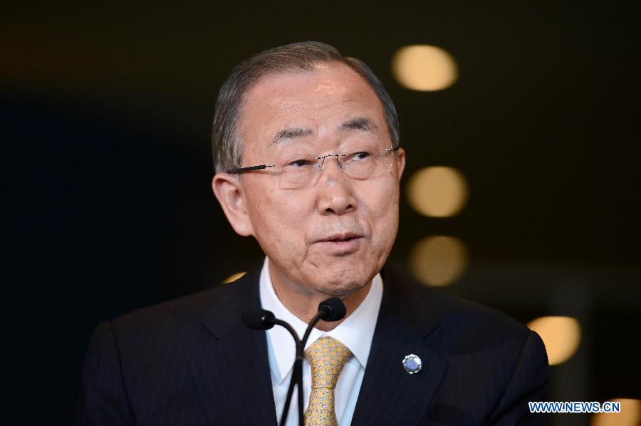 UN Secretary-General Ban Ki-moon addresses media reporters regarding the post-2015 development agenda at the UN headquarters in New York, on Dec. 4, 2014. UN Secretary-General Ban Ki- moon said on Thursday that the post-2015 development agenda will focus on ending poverty, achieving shared prosperity and protecting our planet.