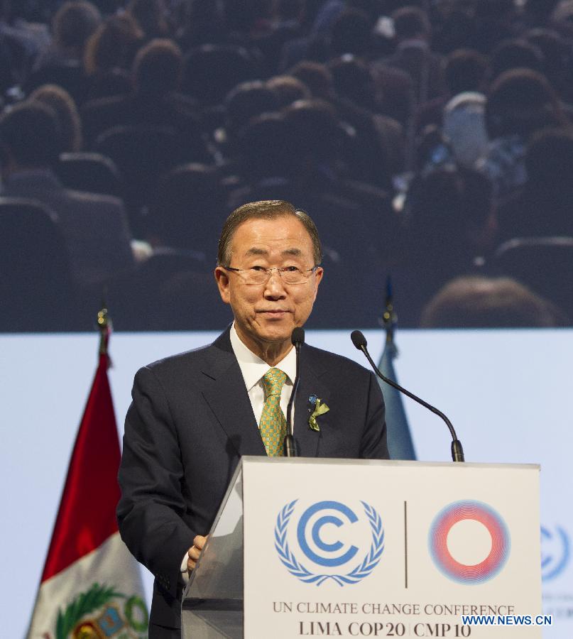 United Nations Secretary-General Ban Ki-moon attends the high-level segment of the United Nations Conference on Climate Change in Lima, capital of Peru, Dec. 9, 2014. 