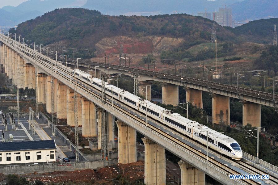 The Hangzhou-Nanchang high-speed railway connecting Hangzhou and Nanchang, capitals of east China's Zhejiang and Jiangxi provinces respectively, started operation on Dec. 10. The Hangzhou-Nanchang railway is part of the Shanghai-Kunming railway linking Shanghai Municipality in east China and Kunming, capital of southwest China's Yunnan Province.