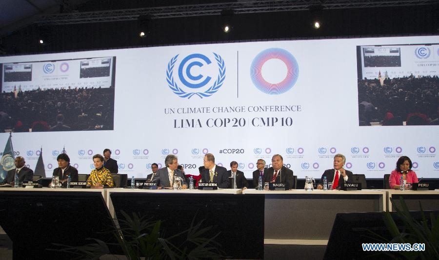 United Nations Secretary-General Ban Ki-moon (4th R) attends the high-level segment of the United Nations Conference on Climate Change in Lima, capital of Peru Dec. 9, 2014. 