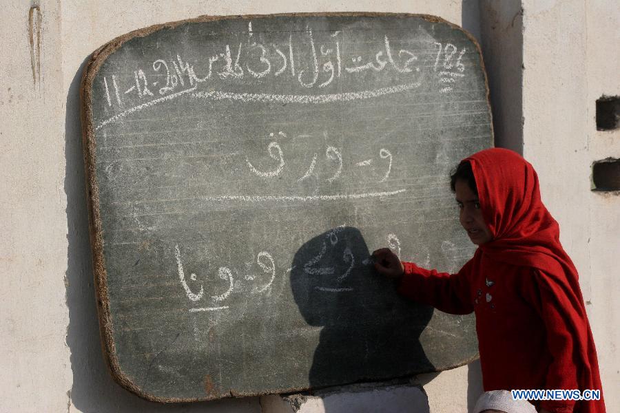 A girl reads a book during a class at a government school in northwest Pakistan's Peshawar, Dec. 11, 2014.