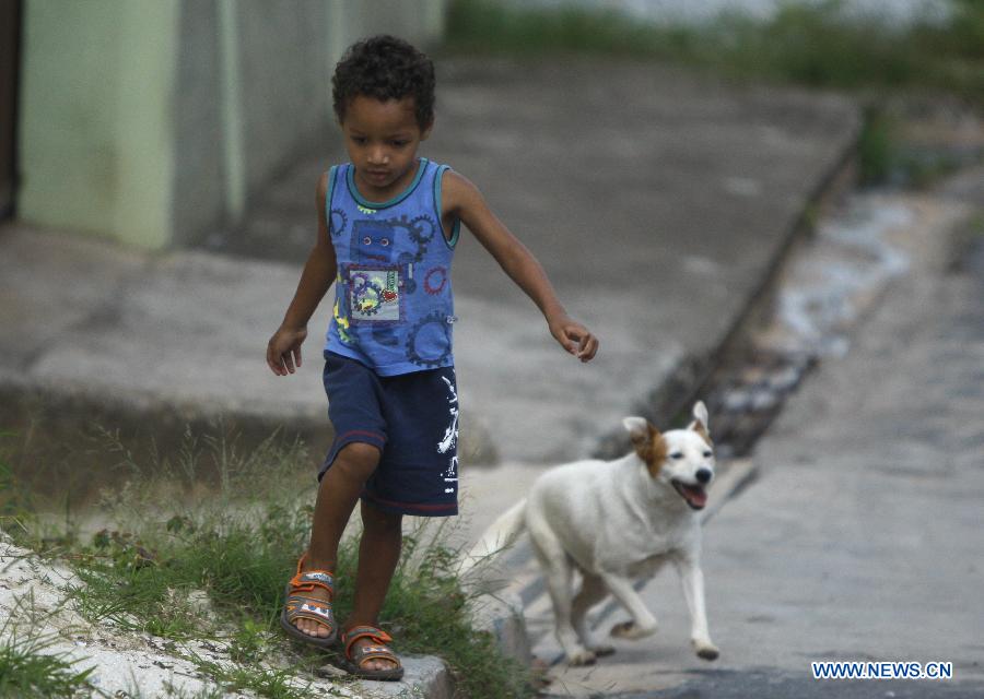 Miguel plays with the dog named Pitucha in Ibiritem in the metropolitan area of Belo Horizonte, Minas Gerais, Brazil, on Dec. 11, 2014.