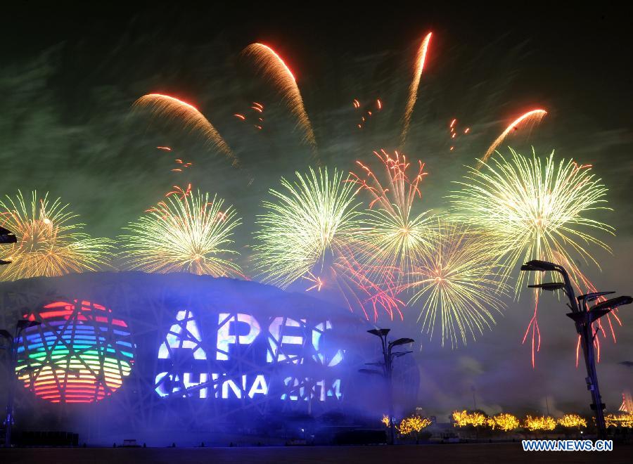 A firework show is staged at the Olympic Park in Beijing, capital of China, Nov. 10, 2014.