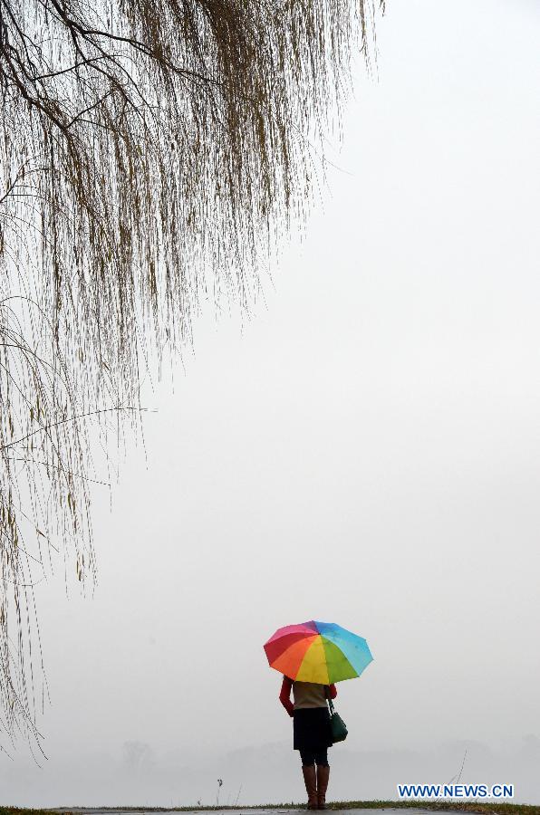 A woman stands at the bank of the Potomac river in Washington D.C., the United States, Dec. 24, 2014.