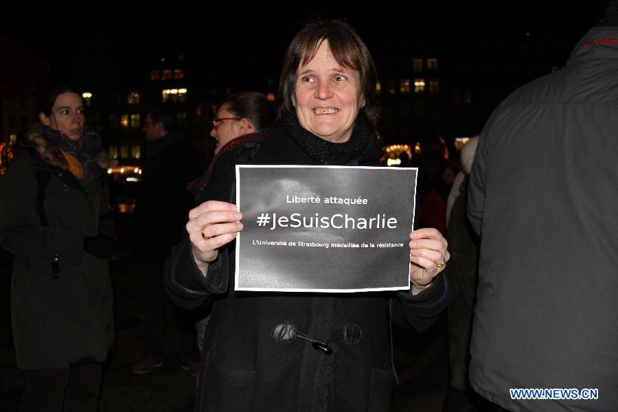 People attend a rally to protest against the deadly Paris shooting incident in Strasbourg, France, on Jan. 7, 2015.