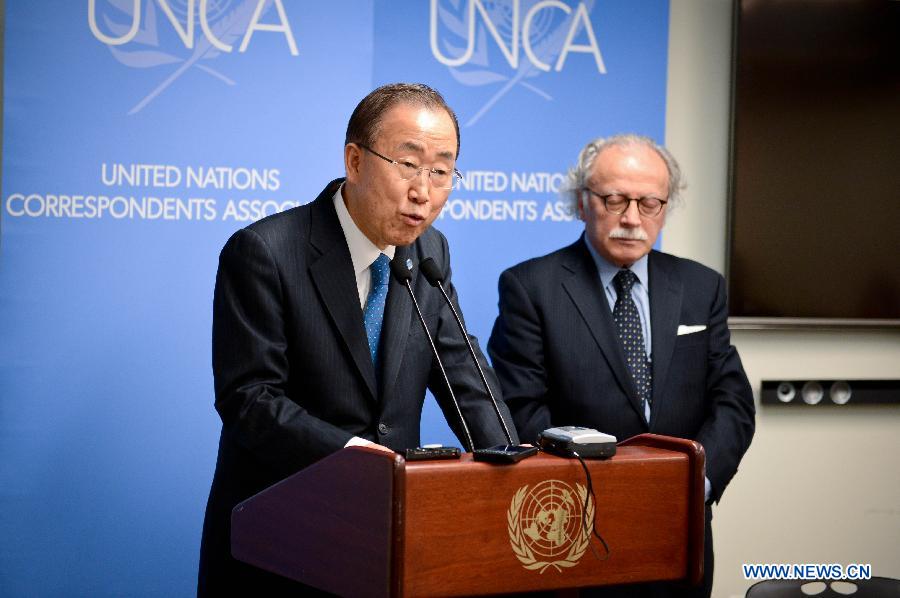 United Nations Secretary-General Ban Ki-moon speaks during his visit to the UN Correspondents Association at the UN headquarters in New York on Jan. 7, 2015.