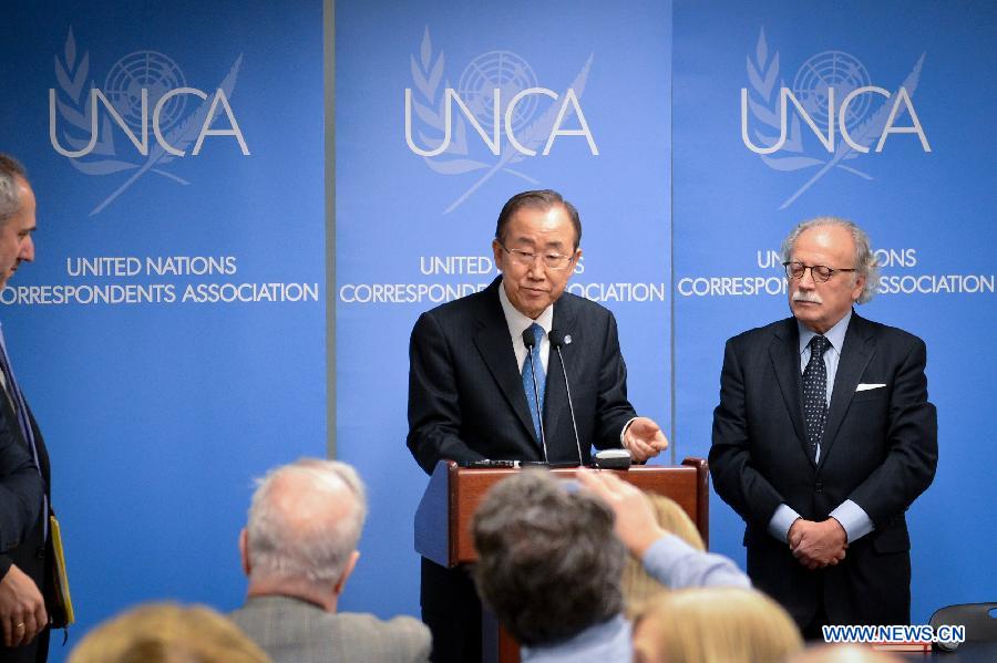 United Nations Secretary-General Ban Ki-moon speaks during his visit to the UN Correspondents Association at the UN headquarters in New York on Jan. 7, 2015. 