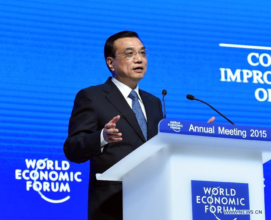 Chinese Premier Li Keqiang delivers a keynote speech at the World Economic Forum (WEF) annual meeting in Davos, Switzerland, on Jan. 21, 2015. 