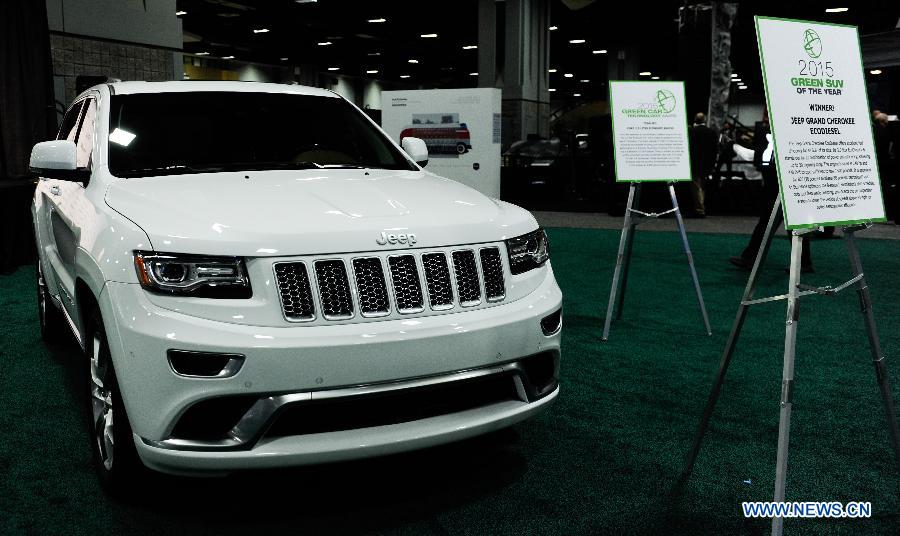 Jeep Grand Cherokee, the Green SUV of the year awarded by Green Car Journal, is presented during the second press day of 2015 Washington Auto Show in Washington D.C., capital of the United States, Jan. 22, 2015.