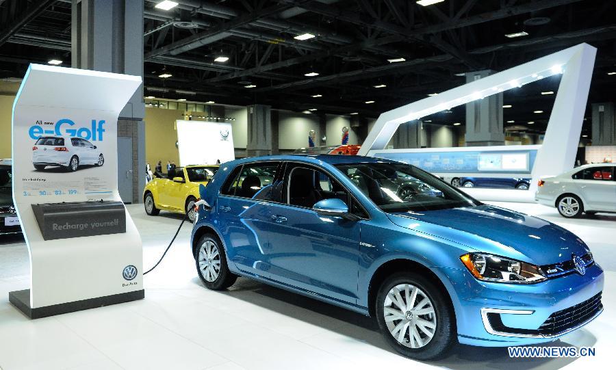 The e-Golf of Volks is presented during the second press day of 2015 Washington Auto Show in Washington D.C., capital of the United States, Jan. 22, 2015.