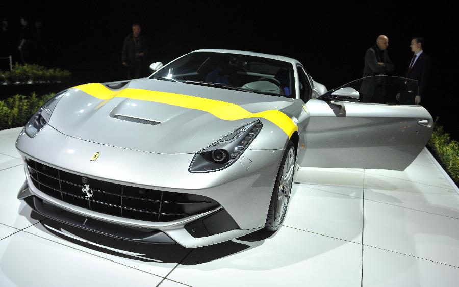 Photo taken on Jan. 23, 2015 shows a Ferrari F12 Berlinetta at Brussels Motor Show in Brussels, Belgium. 