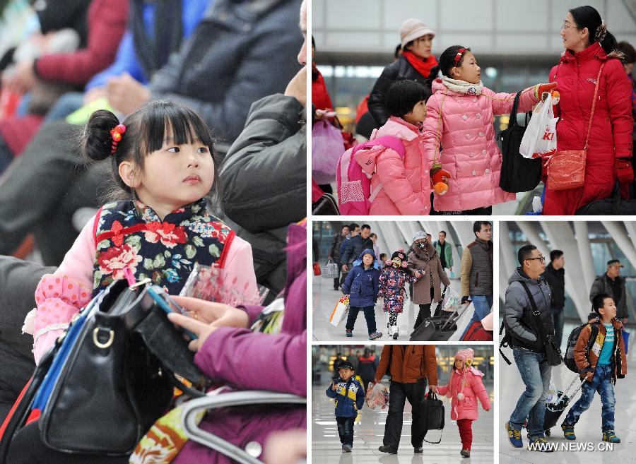 The combined photo taken on Feb. 2, 2015 shows children and their parents waiting for their trains home at the railway station of Yinchuan, capital of northwest China's Ningxia Hui Autonomous Region.