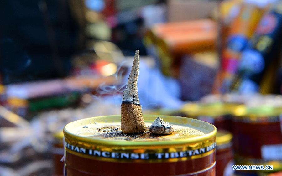 Photo taken on Feb. 17, 2015 shows a Tibetan incense for sale in Lhasa, capital of southwest China's Tibet Autonomous Region. Tibetan people were busy with purchasing goods for the coming Tibetan New Year or Losar, which happens to fall on Feb. 19, the same day with Chinese Lunar New Year.