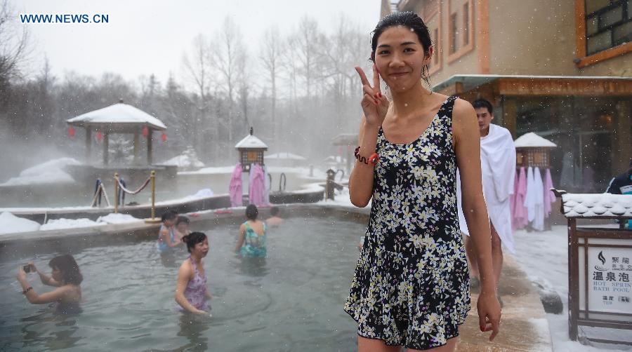 Tourists enjoy hot spring bath at Changbai Mountain Nature Reserve in northeast China's Jilin Province, Feb. 17, 2015. Many people choose to come to snow-crested Changbai Mountain for hot spring bath during winter in recent years. Changbai Mountain range sits in the southeast of Jilin province, on the border between China and the Democratic People's Republic of Korea (DPRK). It is the highest among all mountains in the east edge of the Euro-Asia continent.