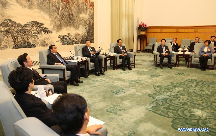 The 44th chairpersons' meeting of the 12th National People's Congress (NPC) Standing Committee is held at the Great Hall of the People in Beijing, capital of China, March 4, 2015. Zhang Dejiang, chairman of the Standing Committee of the 12th NPC, presided over the meeting. (Xinhua/Ma Zhancheng) 