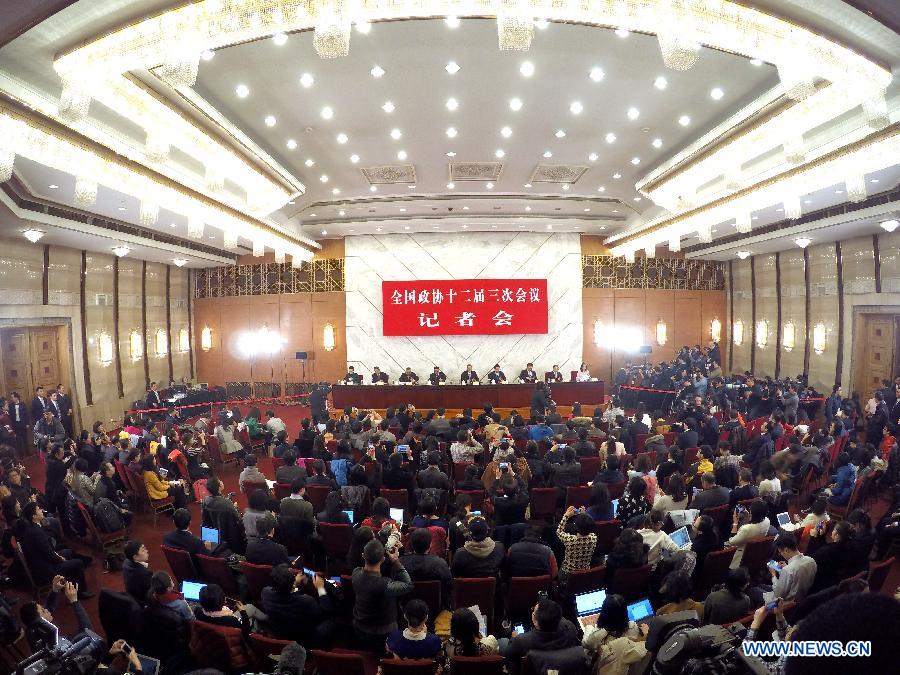 A press conference on major economic issues is held for the third session of the 12th National Committee of the Chinese People's Political Consultative Conference (CPPCC) in Beijing, capital of China, March 6, 2015. Members of the 12th CPPCC National Committee Li Yining, Li Yizhong, Chen Xiwen, Justin Yifu Lin, Yang Kaisheng, Chang Zhenming, Jia Kang answered questions at the press conference. (Xinhua/Li Xin) 