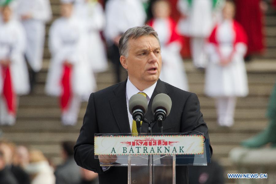 Hungarian Prime Minister Viktor Orban addresses a commemorative rally to mark the 167th anniversary of the 1848 Hungarian Revolution against the Habsburg monarchy in Budapest, Hungary on March 15, 2015. 