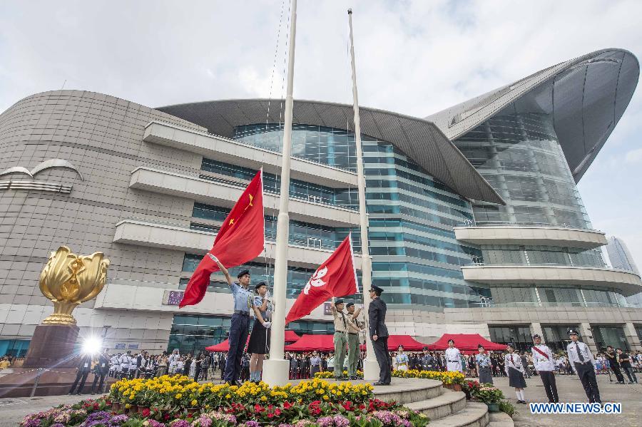A national flag-raising ceremony is held in Hong Kong, south China, May 4, 2015, to celebrate the Chinese Youth Day marking the May 4th Movement that happened on May 4, 1919, ushering in the new-democratic revolution in China. (Xinhua/Lui Siu Wai)