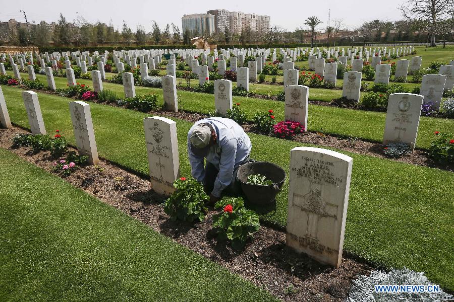 A gardener trims the grass field at a World War II memorial cemetery in Cairo, Egypt, on April 27, 2015, ahead of the 70th anniversary of the victory of the world anti-Fascism war. (Xinhua/Cui Xinyu) 