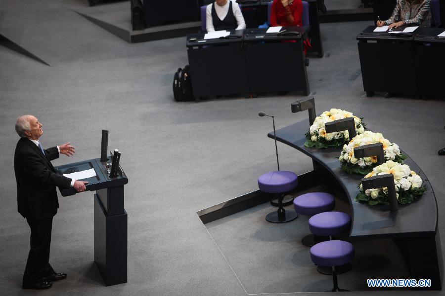 German historian Heinrich August Winkler speaks during a session in memorial of the 70th anniversary of the end of World War II in Berlin, Germany, on May 8, 2015.