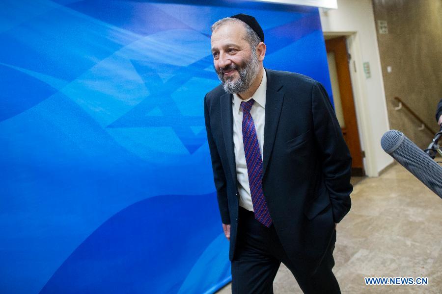 Incoming Israeli Economy Minister Aryeh Deri arrives for the first cabinet meeting of the Israel's 34th government at the Prime Minister's office in Jerusalem, on May 15, 2015.