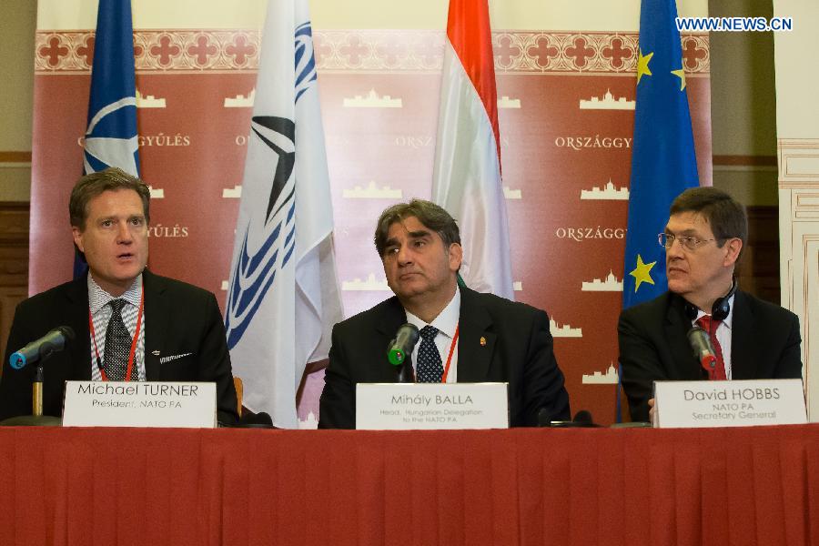 The NATO Parliamentary Assembly (NATO PA) President Michael Turner (L), head of the Hungarian delegation Mihaly Balla (C) and NATO PA Secretary General David Hobbs attend a press conference on the second day of the three-day NATO PA Spring Session in Budapest, Hungary, May 17, 2015. Turner voiced his support for an expanded NATO.