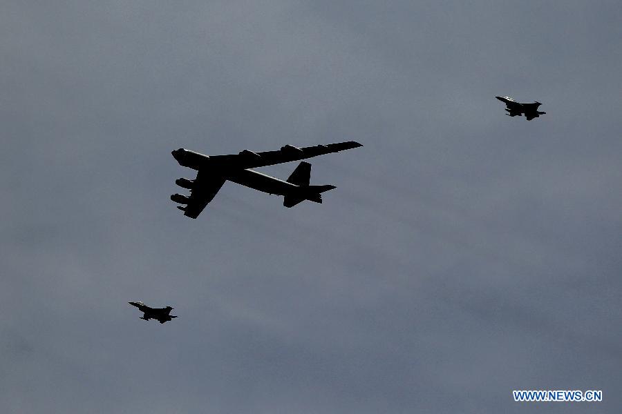 A US strategic bomber B-52 takes part in joint Jordan-US maneuvers during the 'Eager Lion' military exercises in Mudawwara, near the border with Saudi Arabia, some 280 kilometres south of the Jordanian capital, Amman, on May 18, 2015.