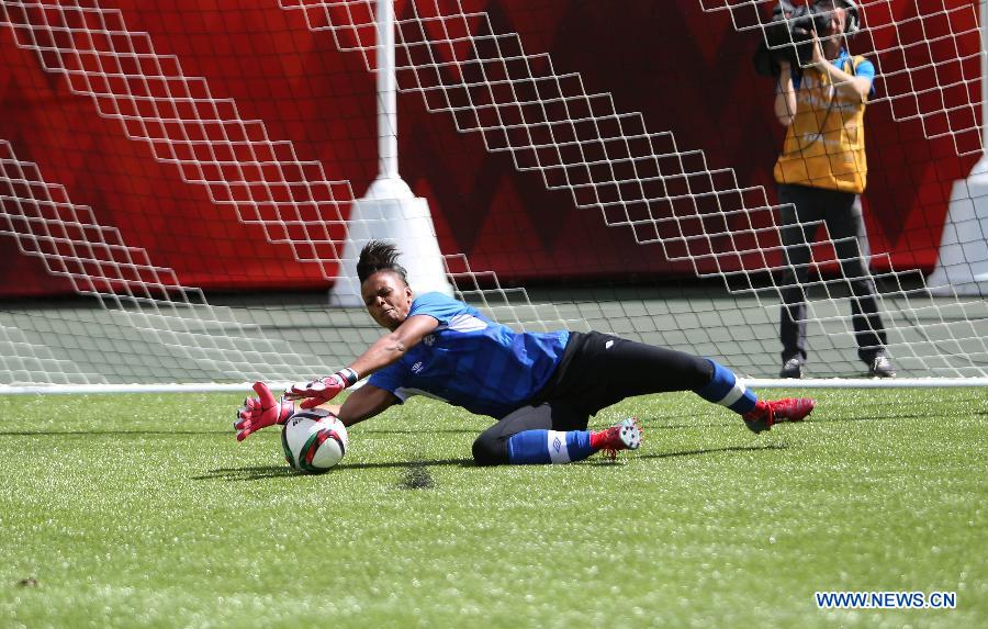 Canadian women's national soccer team's goalkeeper Karina LeBlanc attends a training session in the Commonwealth Stadium one day ahead of the opening match with China at the 2015 FIFA Women's World Cup in Edmonton, Canada, June 5, 2015.