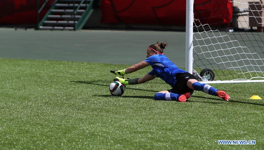 Canadian women's national soccer team's goalkeeper Erin McLeod attends a training session in the Commonwealth Stadium one day ahead of the opening match with China at the 2015 FIFA Women's World Cup in Edmonton, Canada, June 5, 2015. 