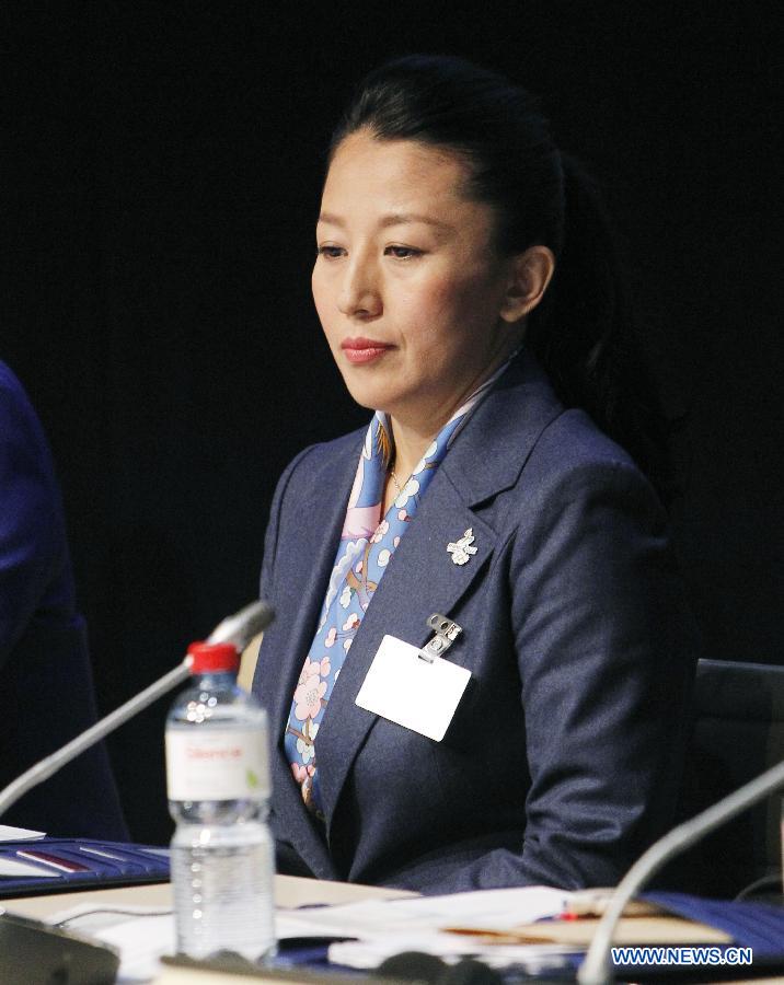 Olympic champion Yang Yang reacts at the presentation of Beijing Candidate City's bid for the 2022 Winter Olympic games, at the IOC Museum in Lausanne, Switzerland, on June 9, 2015.