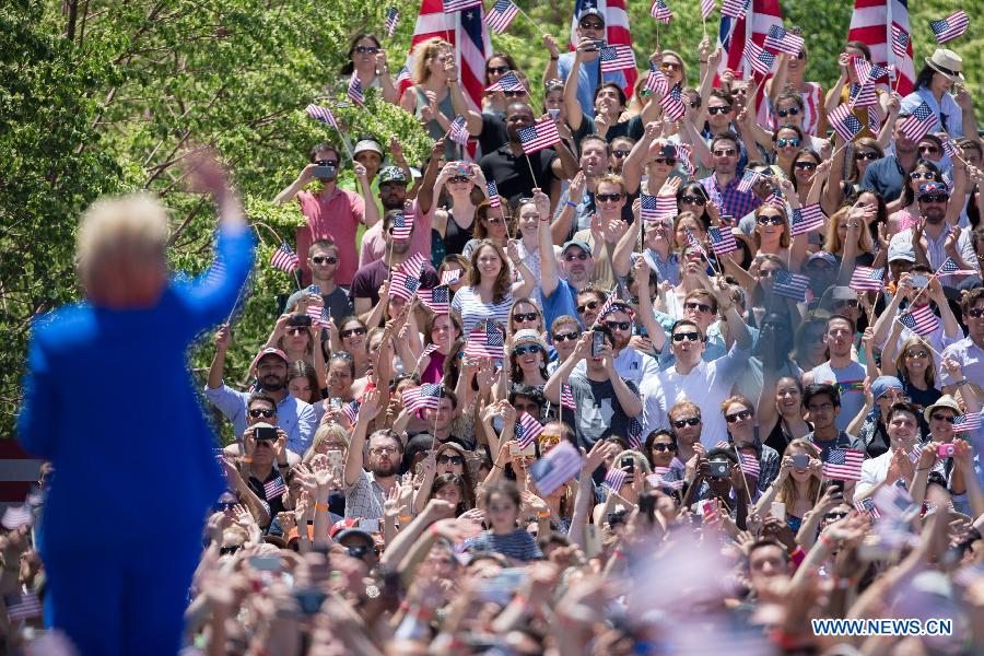 Democratic Presidential candidate Hillary Clinton waves to her supporters at a rally for her official presidential campaign launch at Four Freedoms Park on Roosevelt Island in New York City, United States, June 13, 2015.