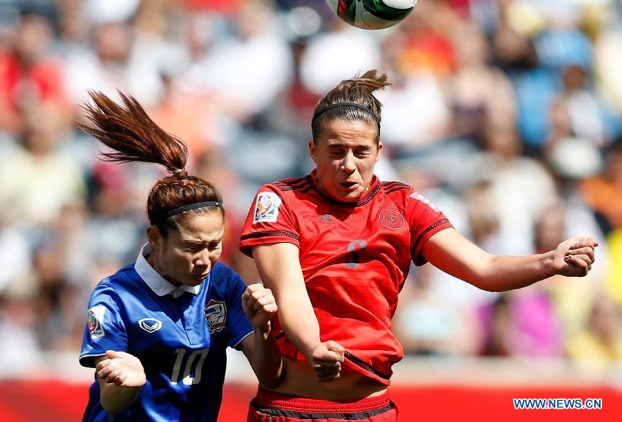 Lena Lotzen of Germany vies with Sunisa Srangthaisong of Thailand during the Group B match between Germany and Thailand at Winnipeg Stadium in Winnipeg, Canada on June 15, 2015. 