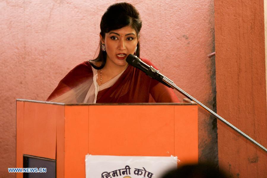 Himani Shah, former crown princess of Nepal and chairman of Himani Trust, speaks during a press briefing about the relief efforts done by Himani Trust in Kathmandu, Nepal, June 17, 2015.