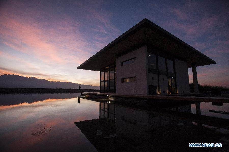 Image taken on June 24, 2015 shows a visitor looking at the artificial lake located in front of the Restaurant Urban of the O. Fournier Winery, in La Consulta city, Mendoza province, 1,170km away of Buenos Aires city, Argentina.