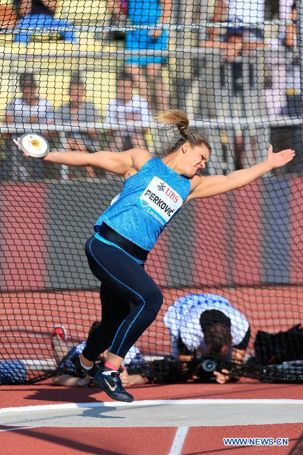 Perkovic Sandra of Croatia competes during the women's discus match at the 2015 IAAF Diamond League Athletics in Lausanne, Switzerland, on July 9, 2015. Perkovic Sandra got the second place with 67.06 meters.