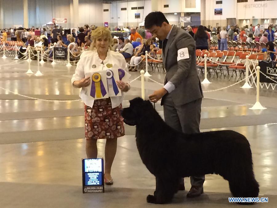 A dog and his owner receive award during the 38th Annual Houston World Series of Dog Shows at the NRG Park in Houston, the United States, July 16, 2015.