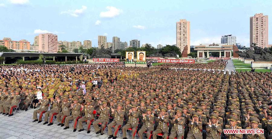 Photo provided by Korean Central News Agency (KCNA) on July 27, 2015 shows a national meeting being held to celebrate the 62nd anniversary of the Korean people's victory in the great Fatherland Liberation War in the Memorial Museum of the Victory of Fatherland Liberation War on July 26 in Pyongyang, the Democratic People's Republic of Korea (DPRK). (Xinhua/KCNA) 